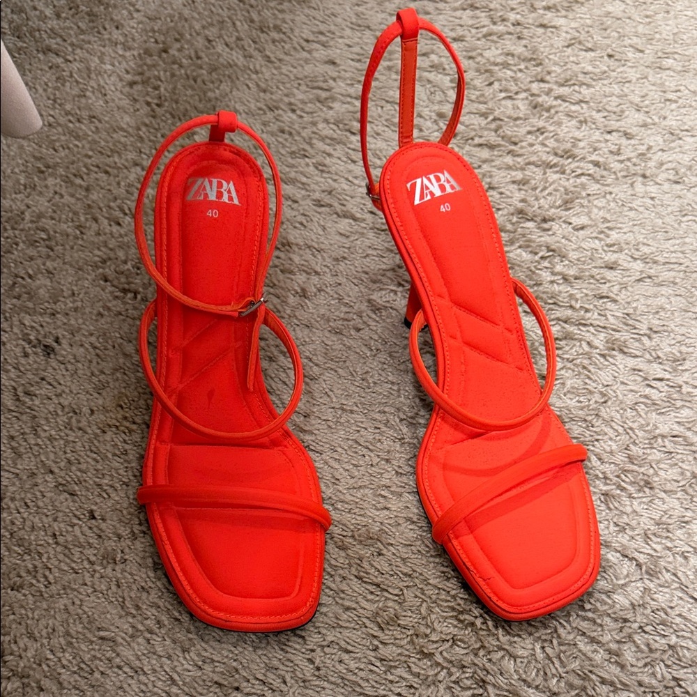 ZARA Bright Orange Strappy Square-Toe Slingback Sandals